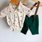 Festive Collared Bodysuit, Pants and Suspenders Set / 3m