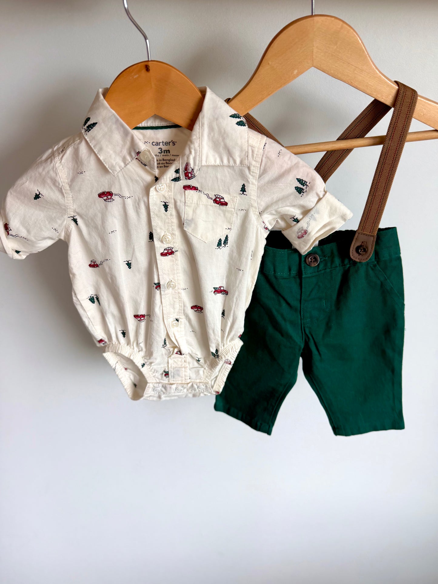 Festive Collared Bodysuit, Pants and Suspenders Set / 3m
