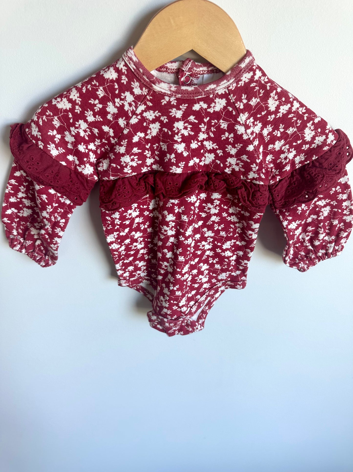 Red Floral Puff Sleeve Bodysuit / 6-9m