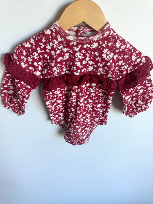 Red Floral Puff Sleeve Bodysuit / 6-9m