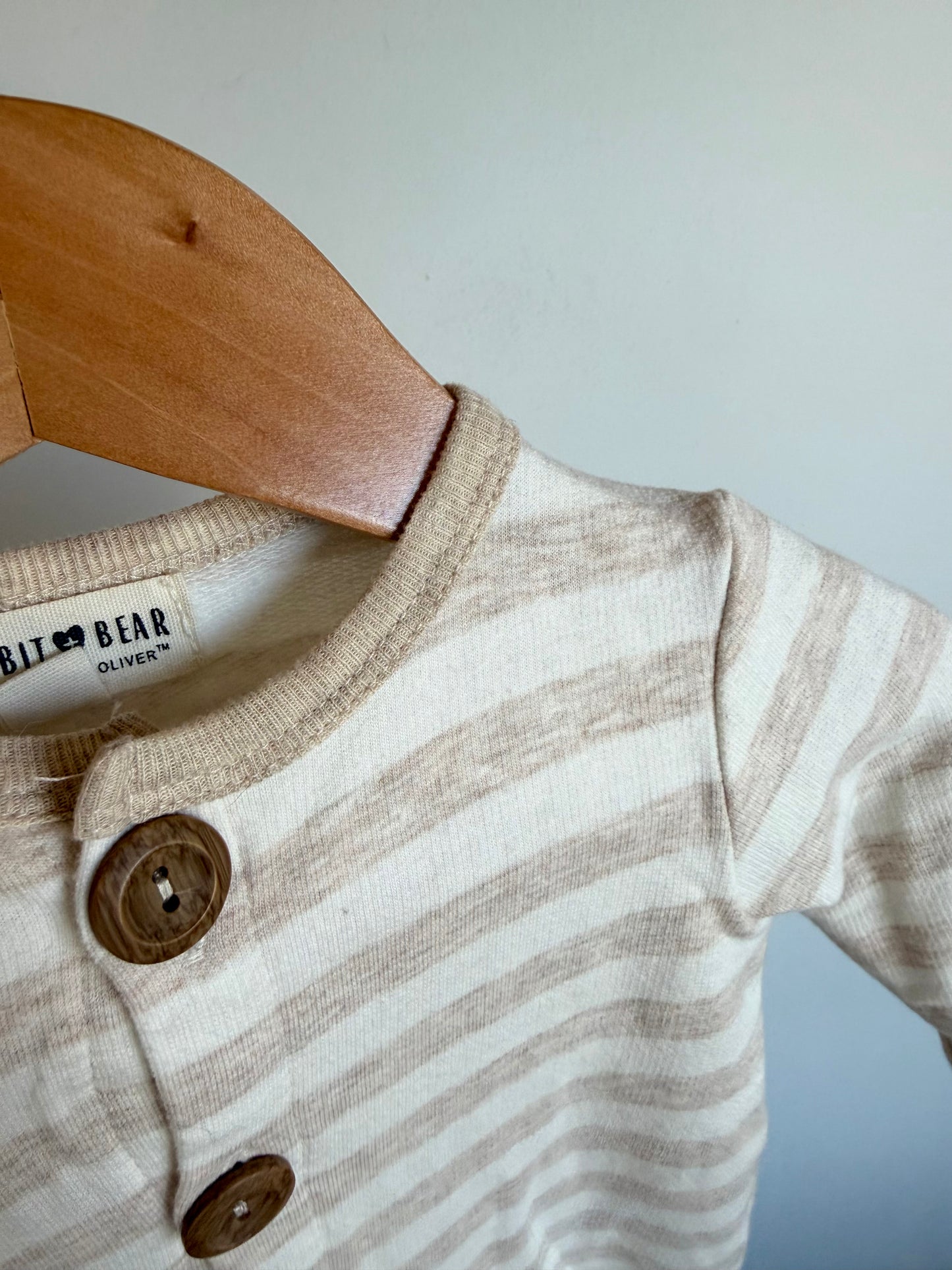 Tan Button Up Striped Jumpsuit / 3-6m