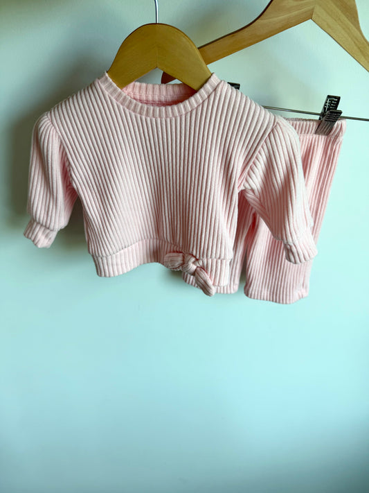 Pink Ribbed Bow Top + Pants Set / 0-3m