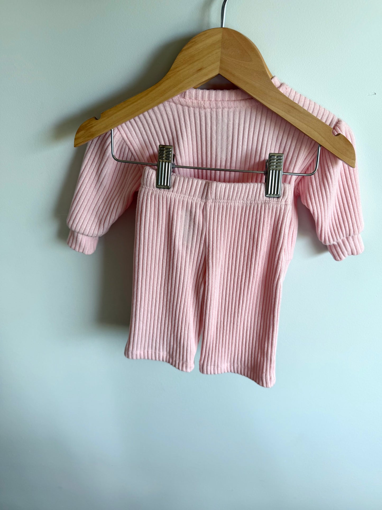 Pink Ribbed Bow Top + Pants Set / 0-3m