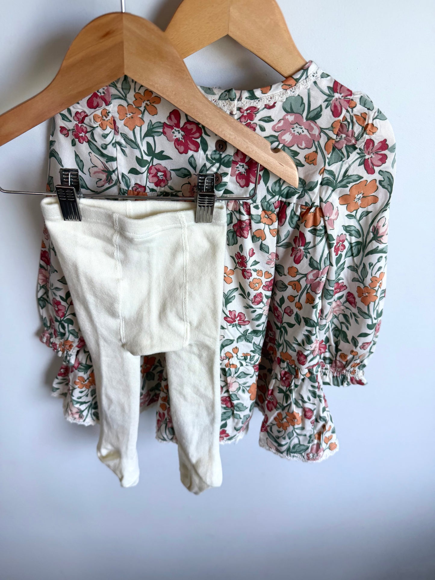 Long Sleeve Flower Dress + Tights Set / 18-24m