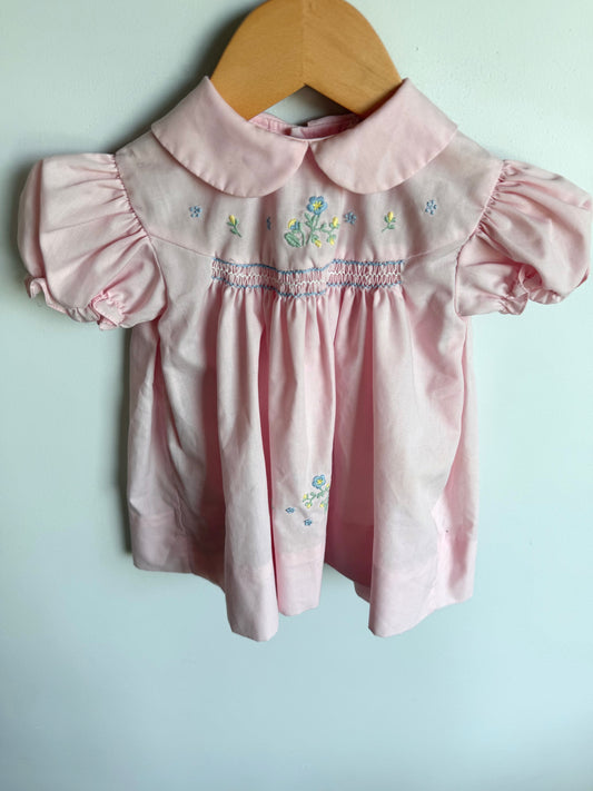 Vintage Pink Floral Embroidered Dress / 12m