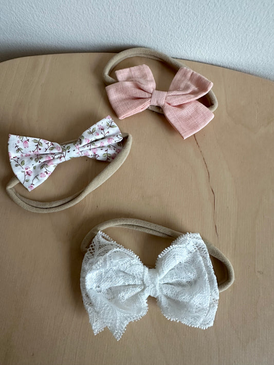 Nylon Bow 3 Headbands (Pink, Lace, Floral) / 0-6m