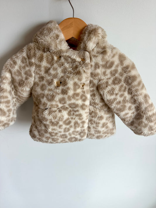 Fuzzy Tan Animal Print Hood Jacket / 6-9m
