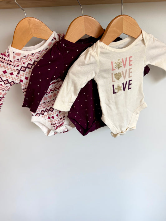 Set of 3 Long Sleeve Bodsuits / 0m (up to 7lbs)