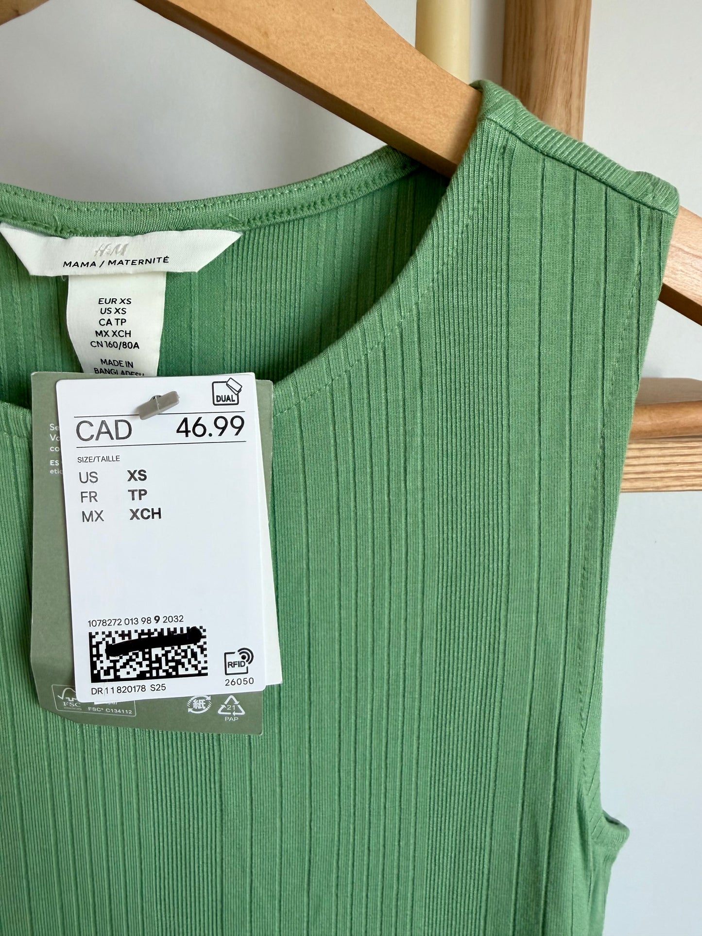 H&M Green Ribbed Viscose Maternity Dress (With Tags) / XS