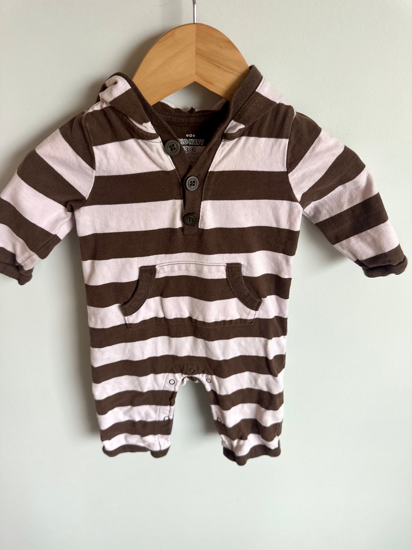Brown + Pink Hood Jumpsuit / 3-6m