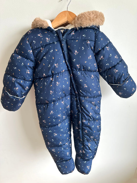 Navy Hooded Floral Puffer Bunting Suit / 6-12m