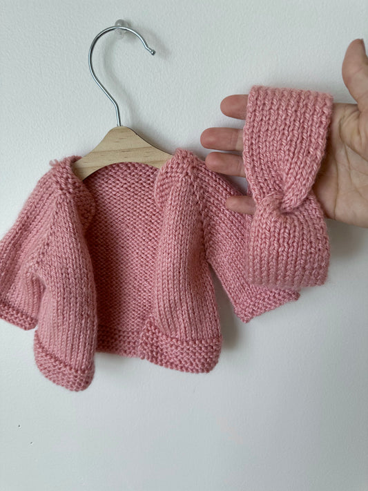 Newborn Handcrafted Pink Knit Sweater + Headband / 0m