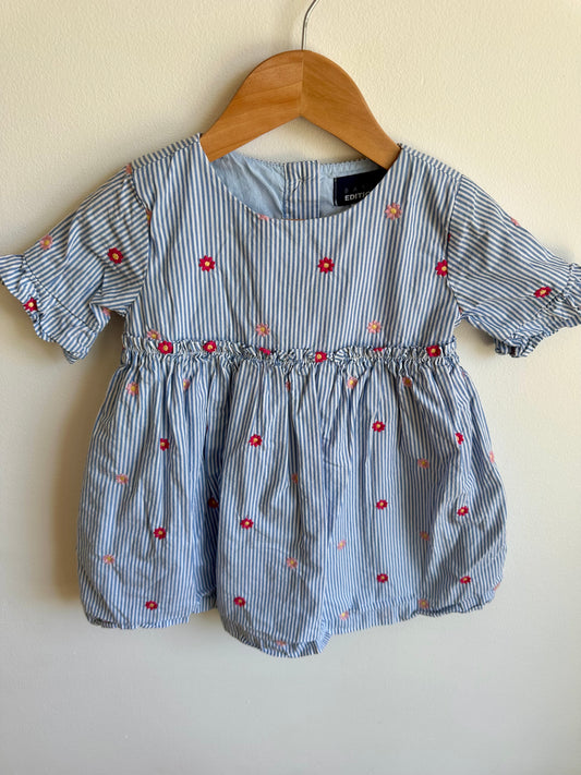 Floral Embroidered Blue Stripe Dress / 2T