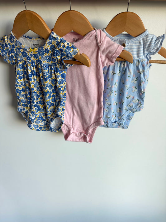 Blue Floral, Pink + Ruffle Sleeve Bodysuits (3) / 3m