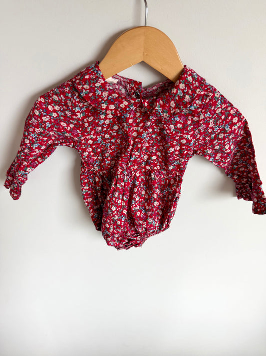 Collared Red Floral Bubble Romper / 6-12m