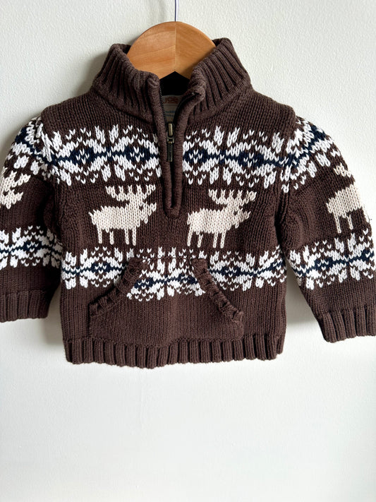 Brown Half Zip Knit Deer Sweater / 12m