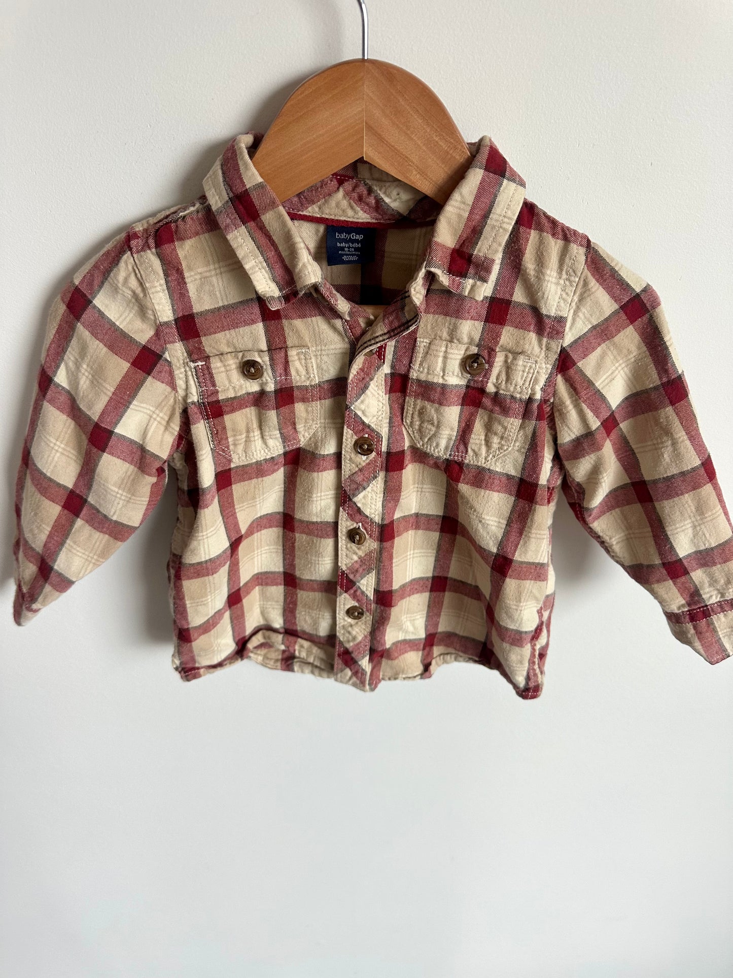 Red Tan Plaid Button Up Top / 18-24m