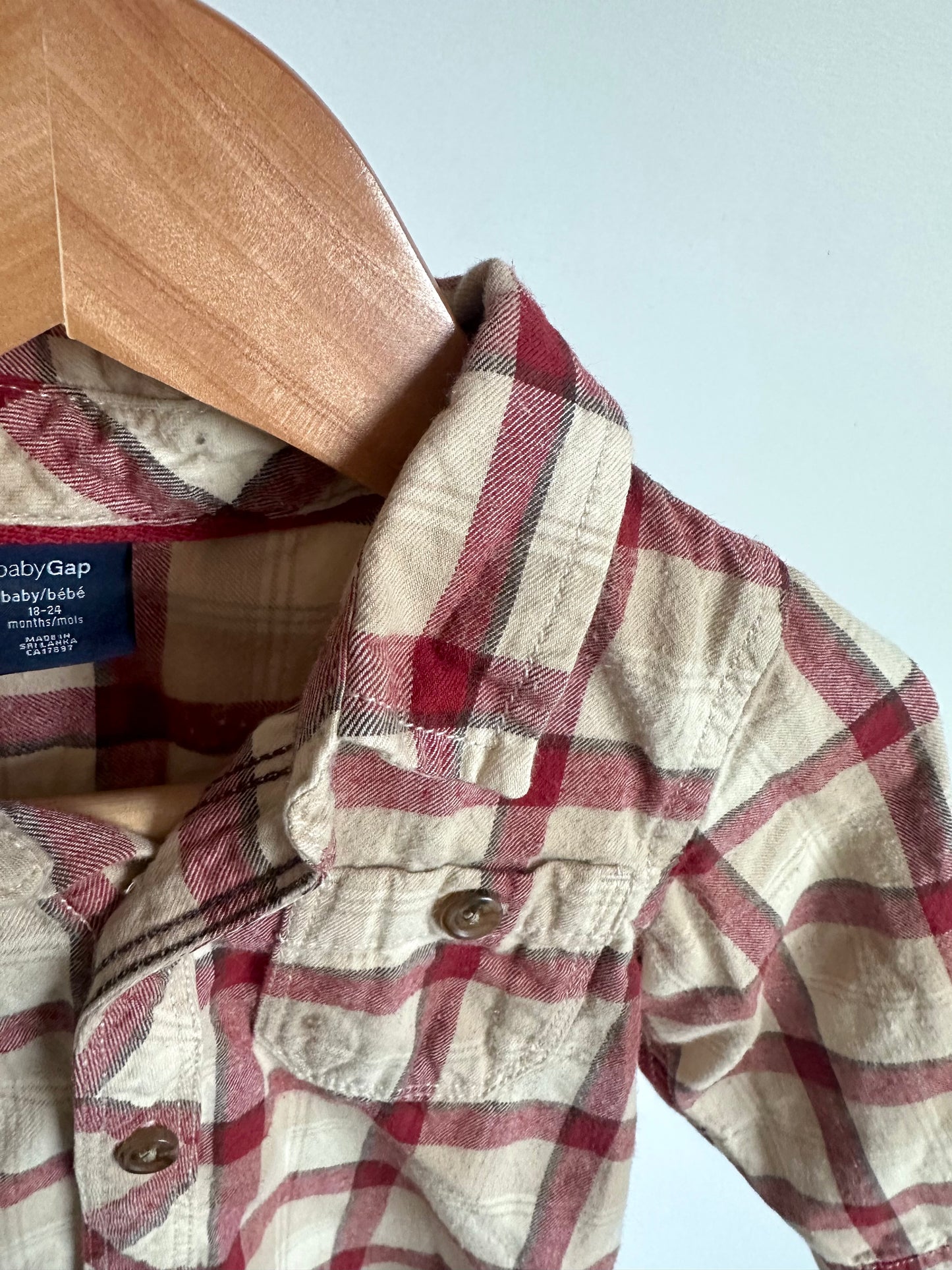 Red Tan Plaid Button Up Top / 18-24m