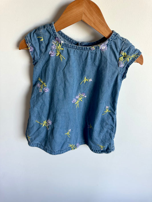Chambray Embroidered Flower Dress / 12-18m
