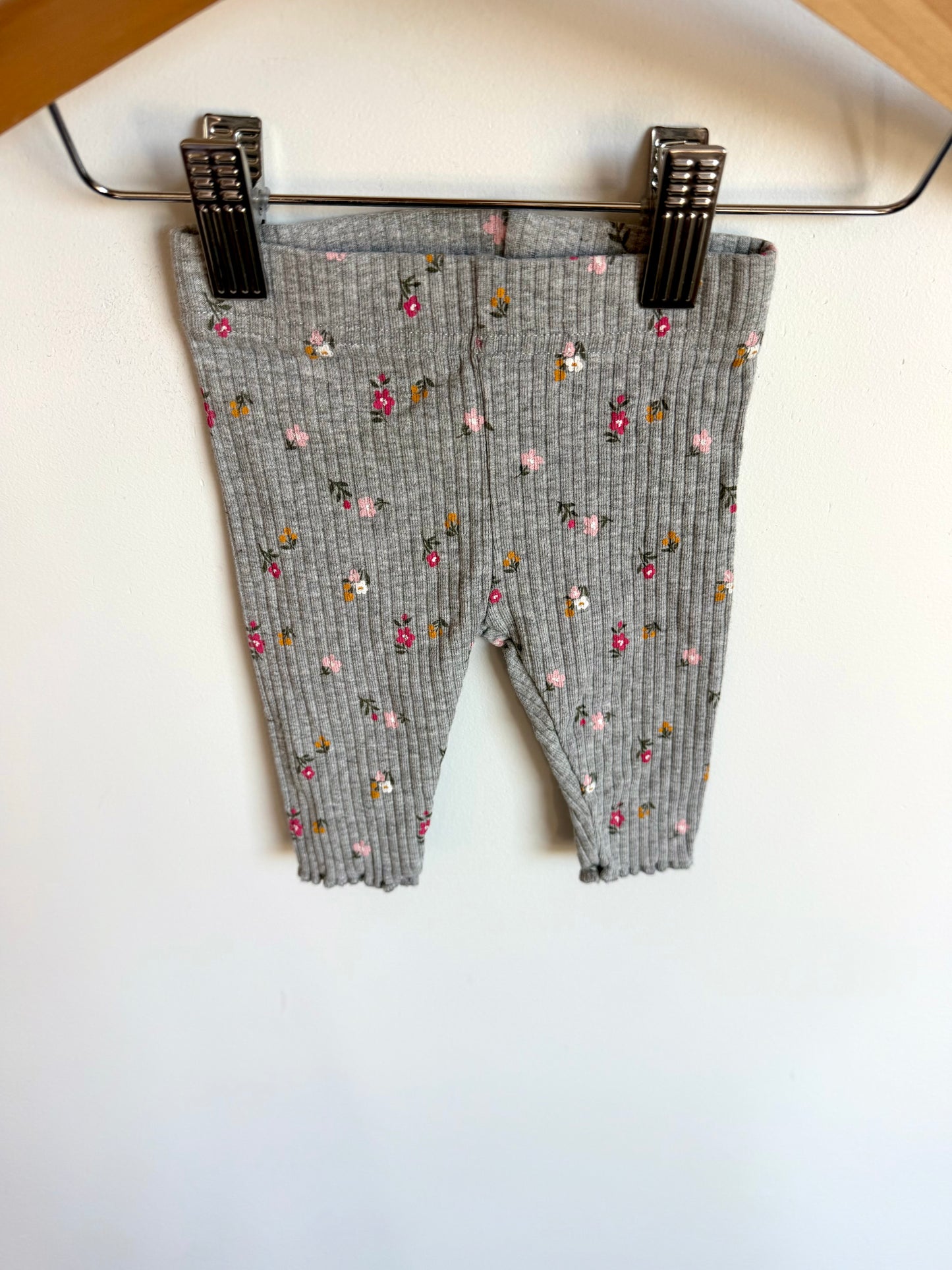 Grey Ribbed Floral Leggings / 0-3m