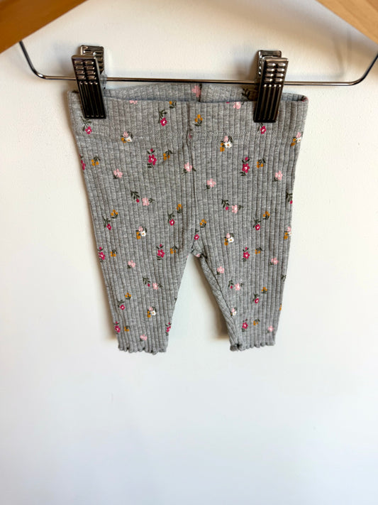 Grey Ribbed Floral Leggings / 0-3m