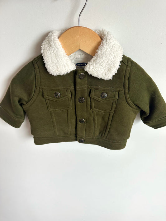 Olive Button Up Jacket with Sherpa Collar / 0-3m