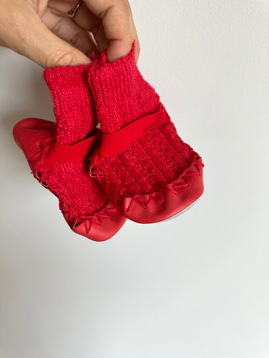 Red Knit Leather Soft Sole Shoes / Size 1-2 Infant