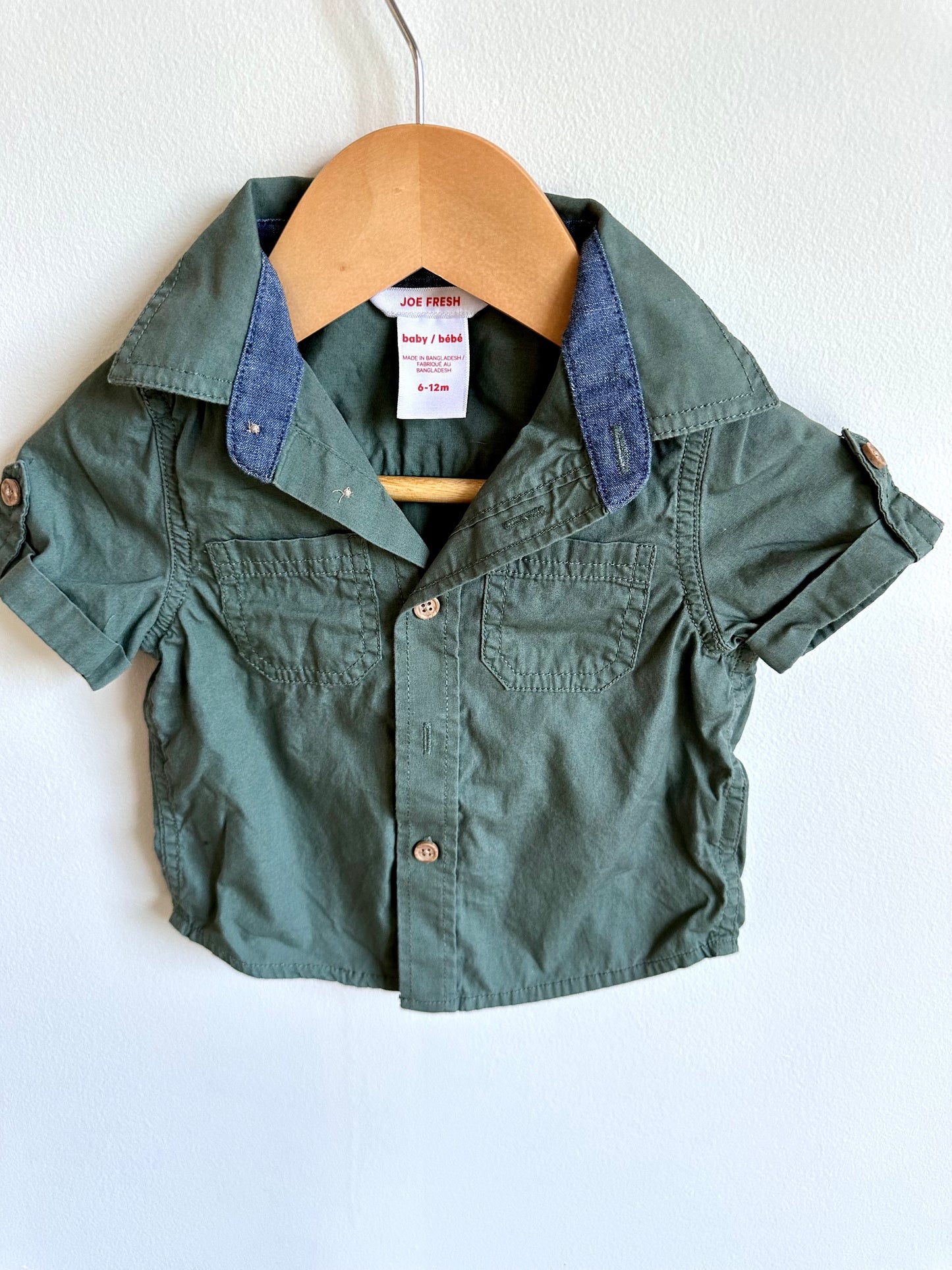 Green Button Up Short Sleeve Top / 6-12m