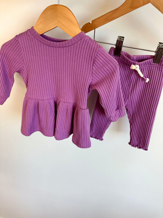 Purple Ribbed Dress + Pants Set / 3-6m