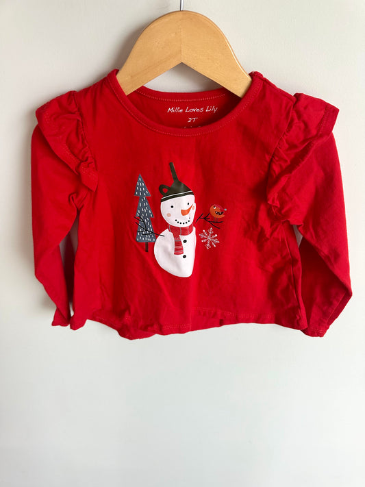 Snowman Red Ruffle Sleeve Top / 2T