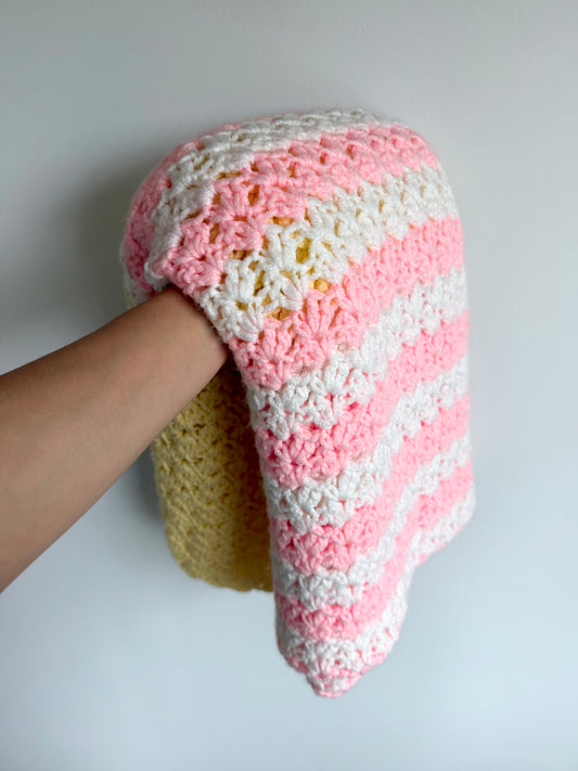 Handmade Knit Pink, White and Yellow Blanket (No Shipping)