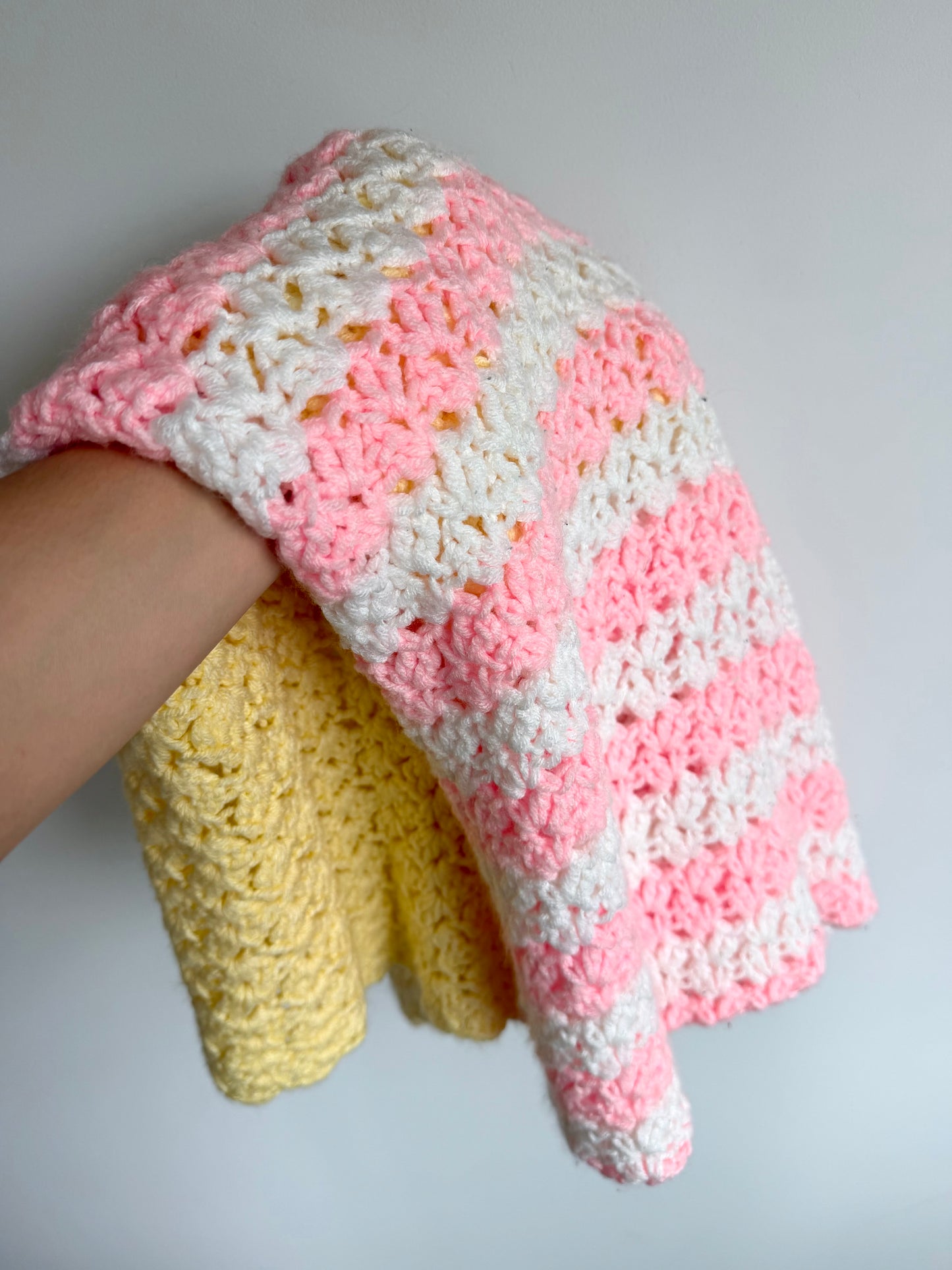 Handmade Knit Pink, White and Yellow Blanket (No Shipping)