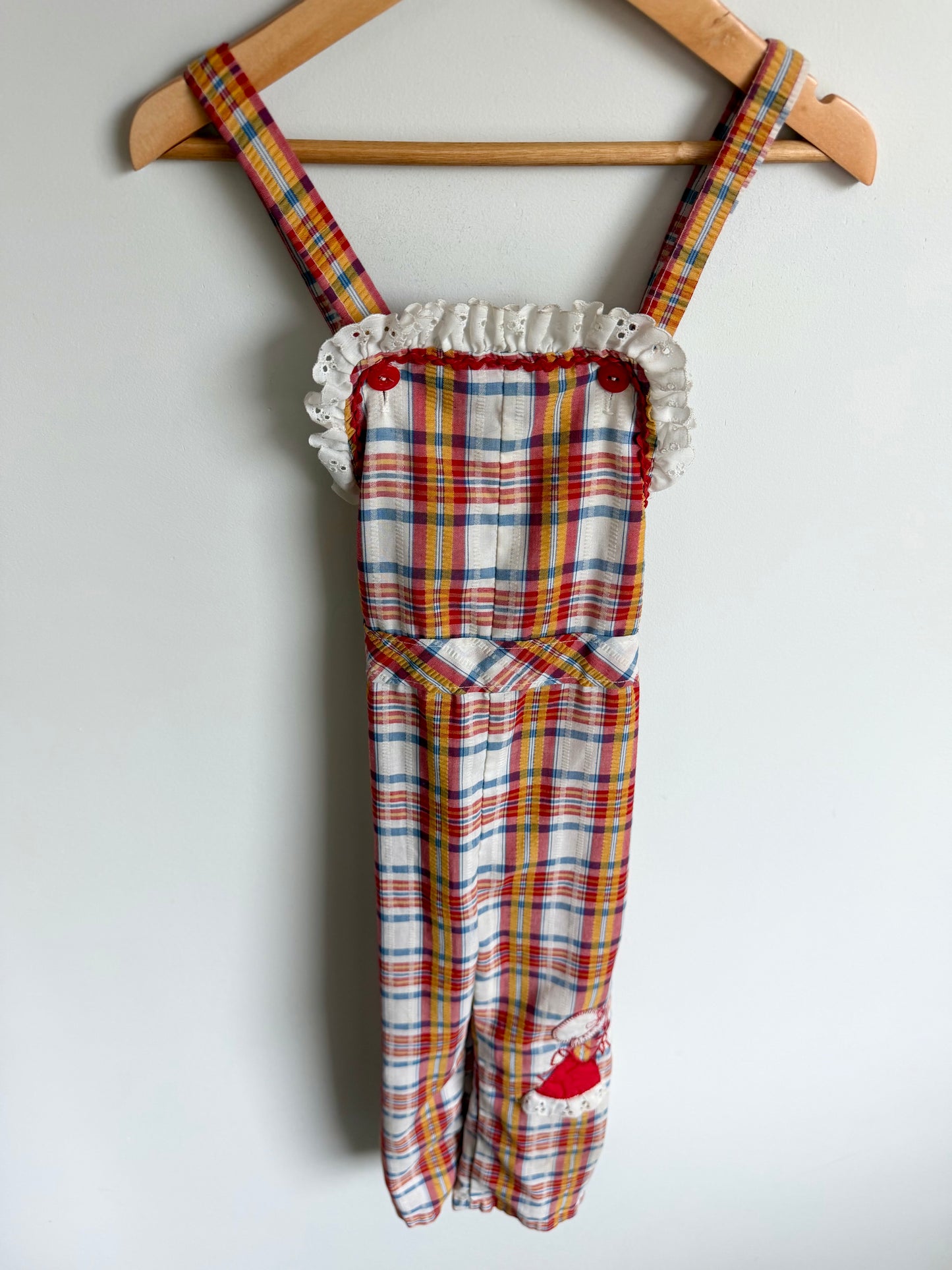 Vintage Plaid Embroidery Frill Overalls / 4T
