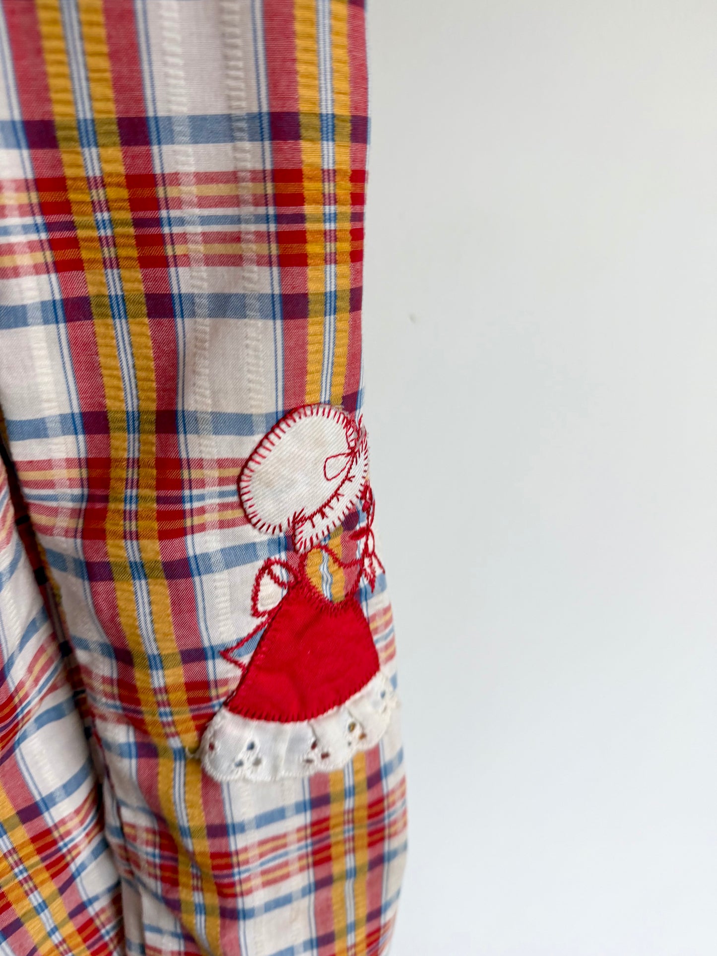 Vintage Plaid Embroidery Frill Overalls / 4T