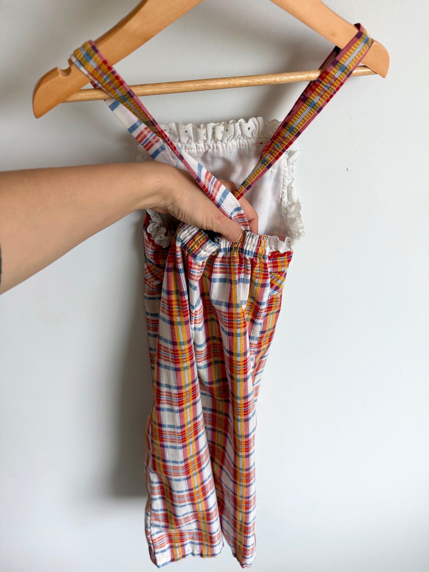 Vintage Plaid Embroidery Frill Overalls / 4T