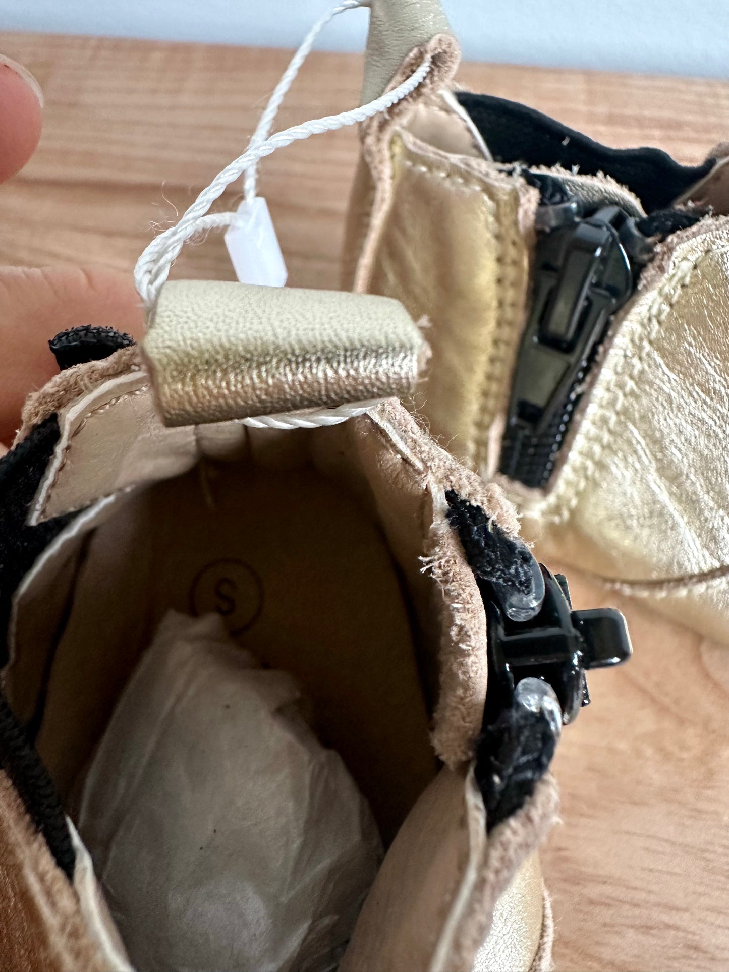 Little Moccs Gold Side Zip Ankle Boots / Small (6-12m)