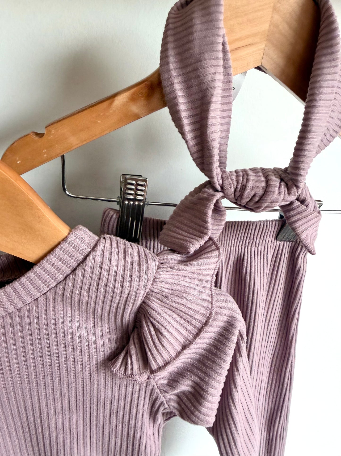 Mauve Ruffle Sleeve Top, Pants + Headband Set / 3-6m