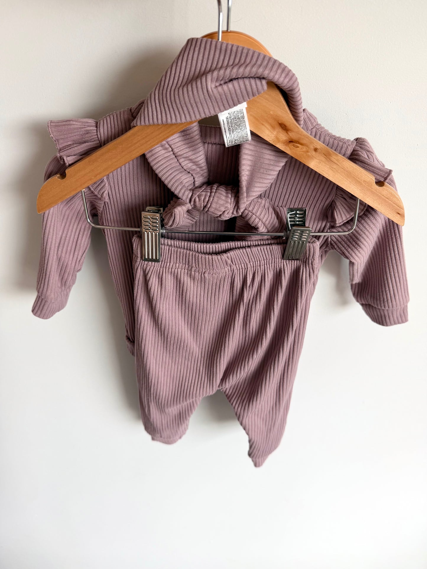 Mauve Ruffle Sleeve Top, Pants + Headband Set / 3-6m
