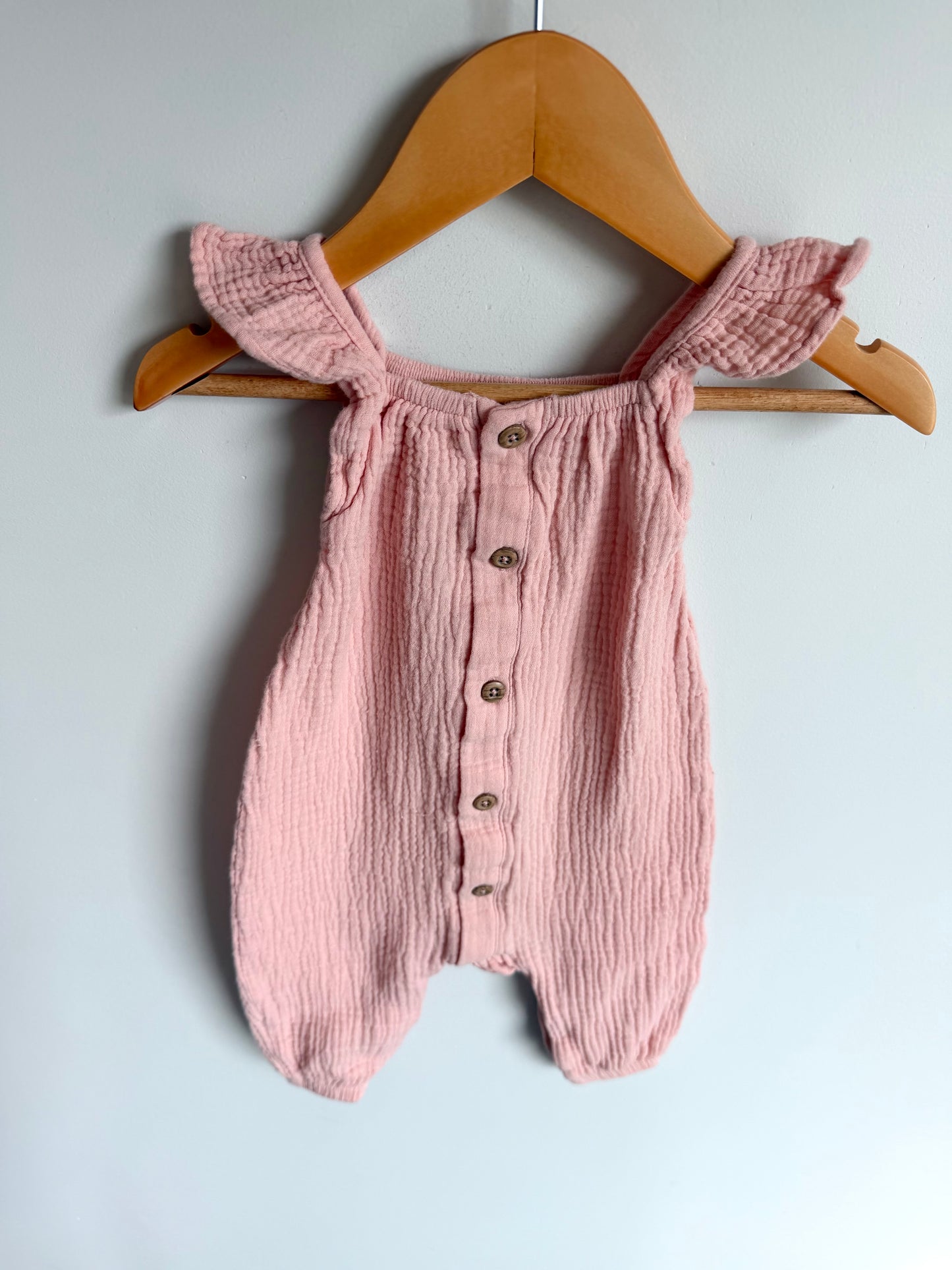 Cotton Pink Ruffle Sleeve Jumpsuit / 3-6m