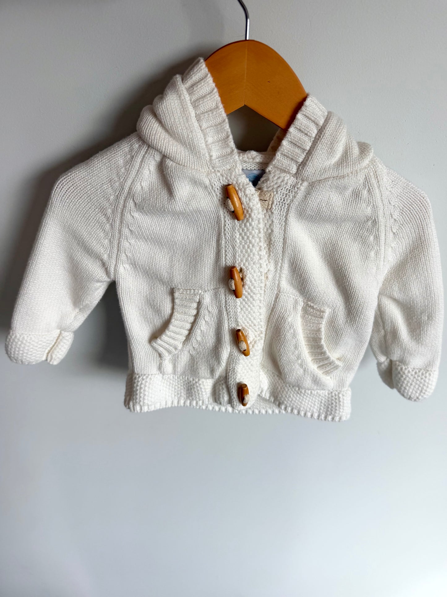 White Cotton Hood Sweater / 3-6m
