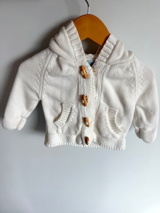White Cotton Hood Sweater / 3-6m