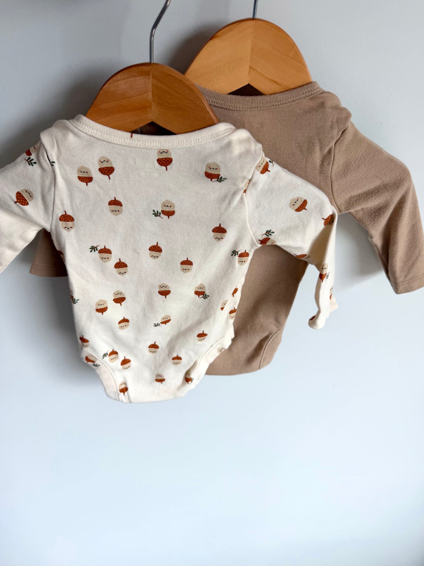 Tan and Acorn Bodysuits / 0-3m