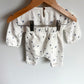 White with Purple Flower Sweater + Pants Set / 0-3m