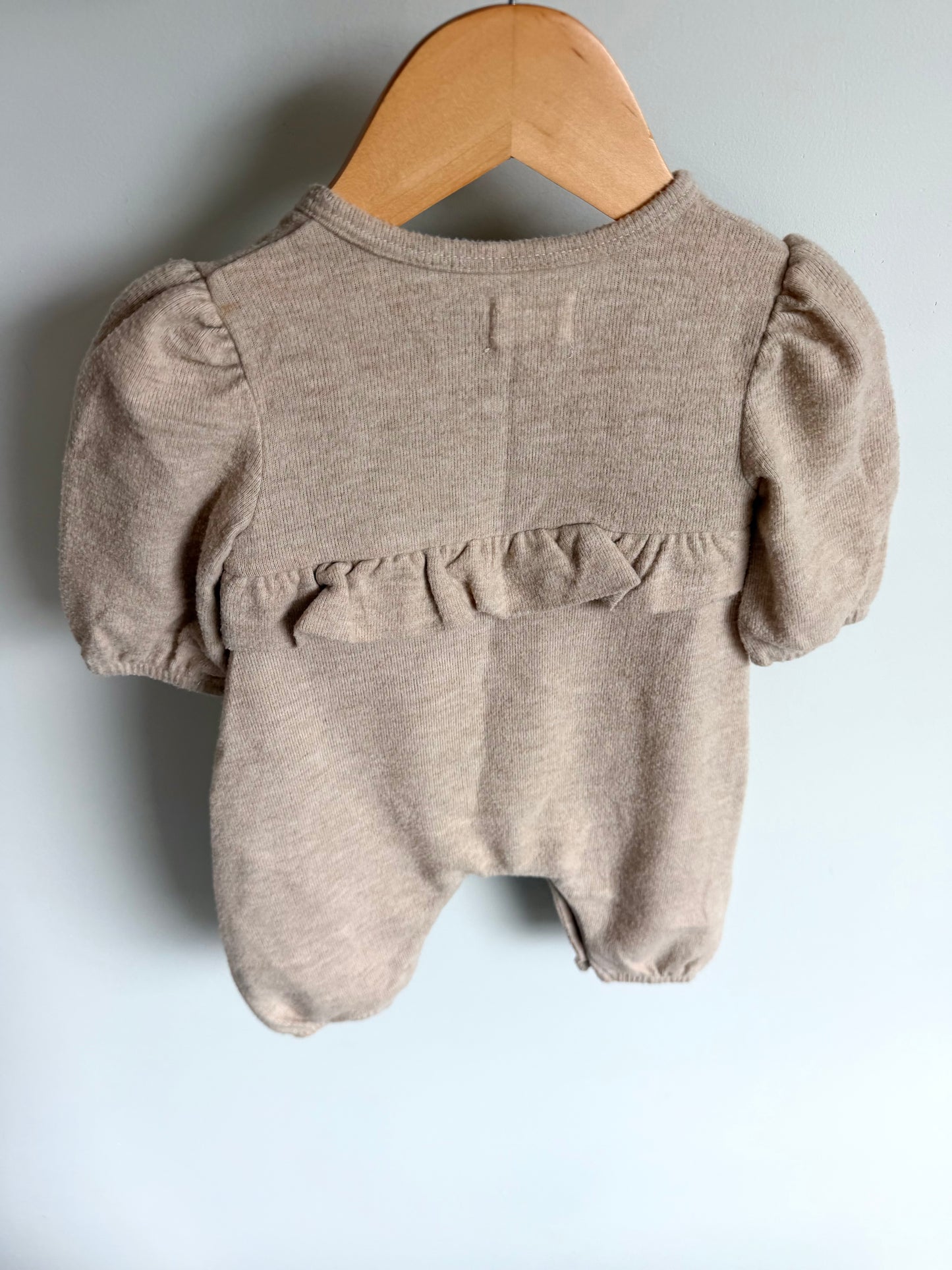 Tan Ruffle Long Sleeve Jumpsuit / 0-3m