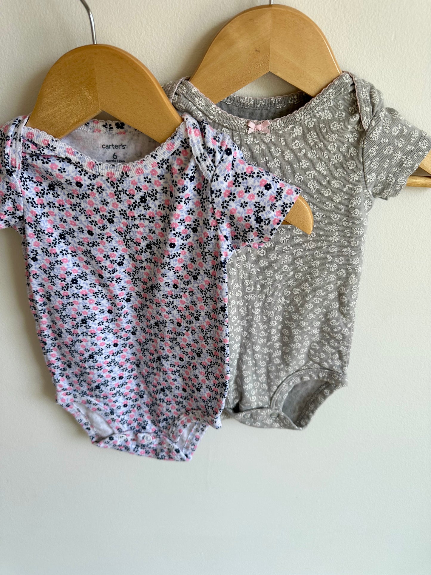 Set of Two Floral Bodysuits - Grey + Purple / 6m