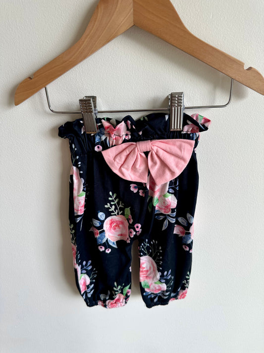 Black Pants with Pink Flowers / 0-3m