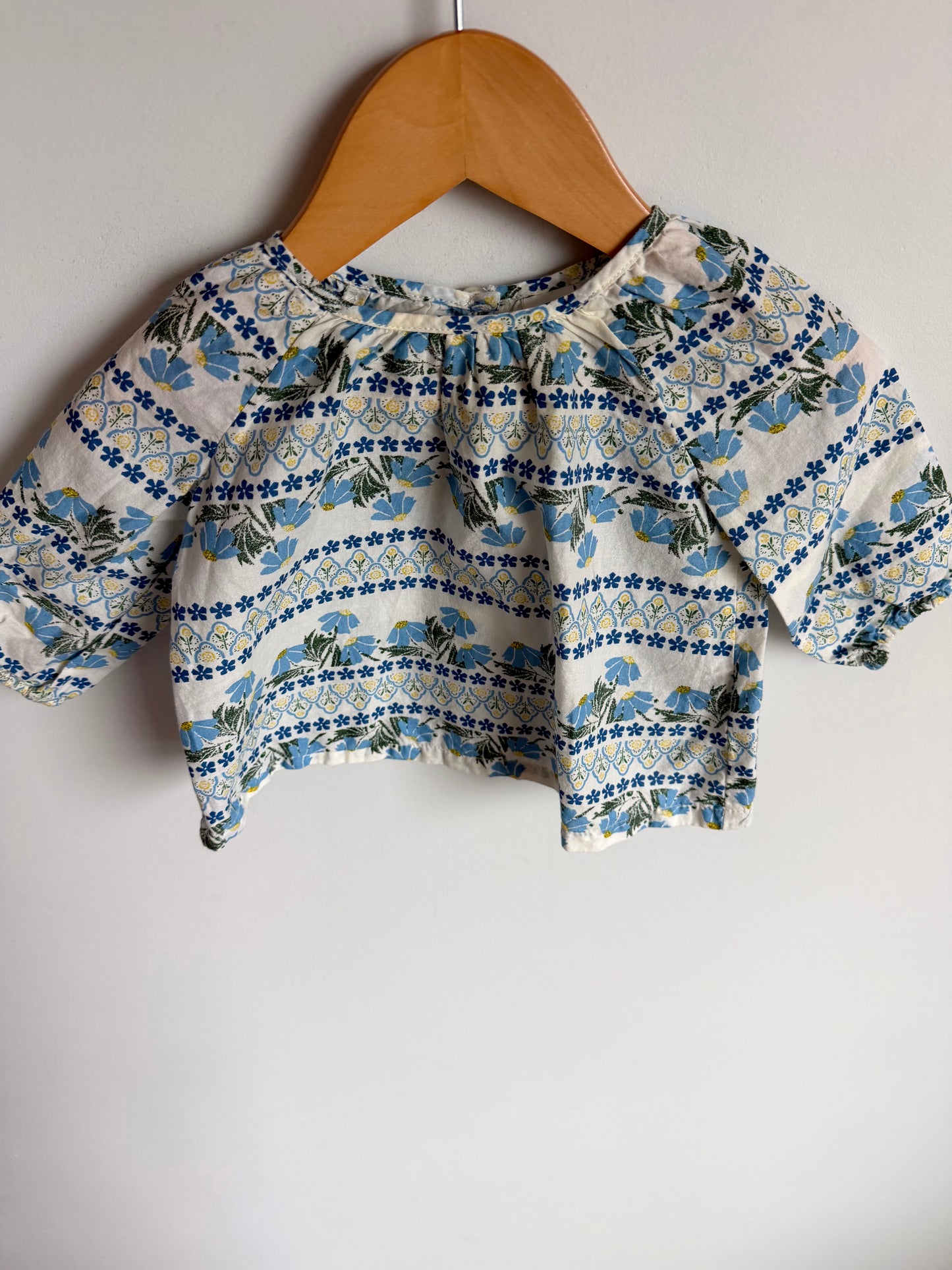 Blue Flower Pattern Cotton Top / 3-6m