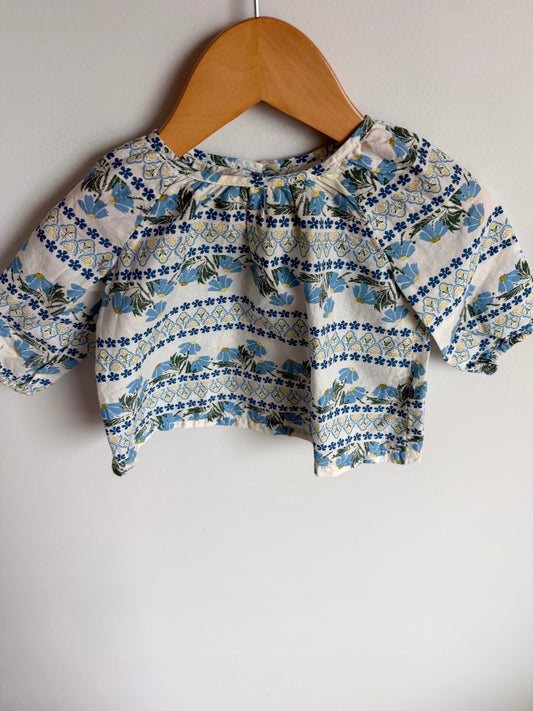 Blue Flower Pattern Cotton Top / 3-6m