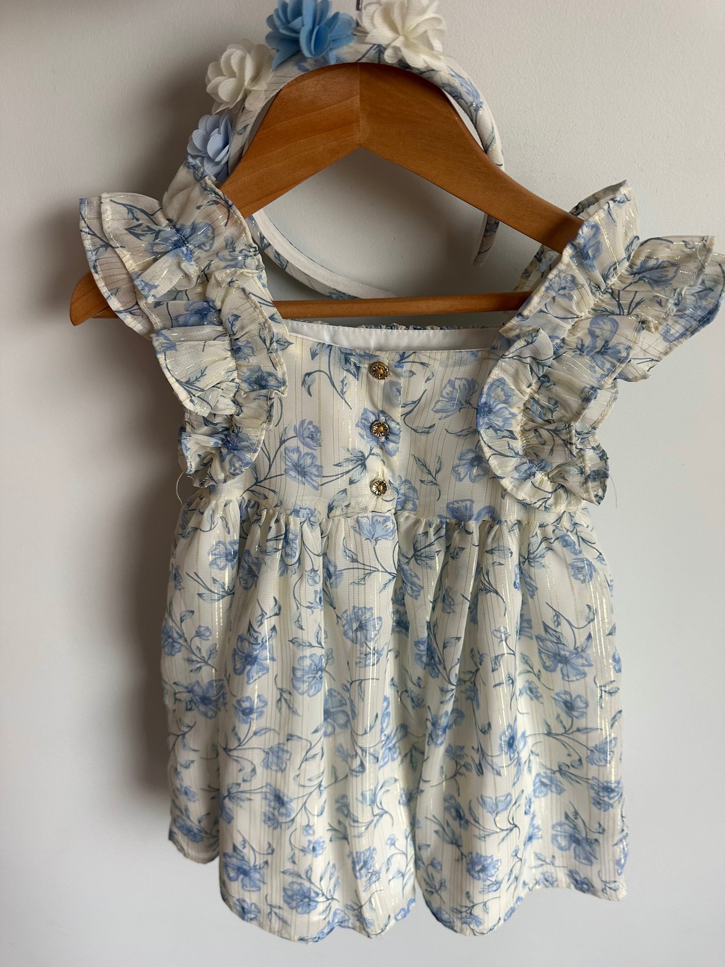 Blue Floral Dress + Headband Set / 3T