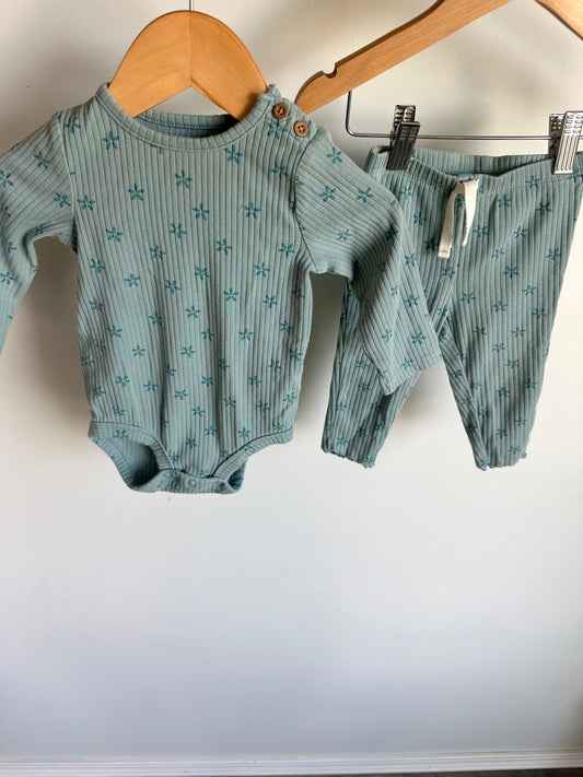 Teal Floral Ribbed Bodysuit + Pants Set / 9m
